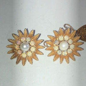 Swarovski Gold Tone & Opaque Rhinestone Faux Pearl Flower Clip On Earrings
